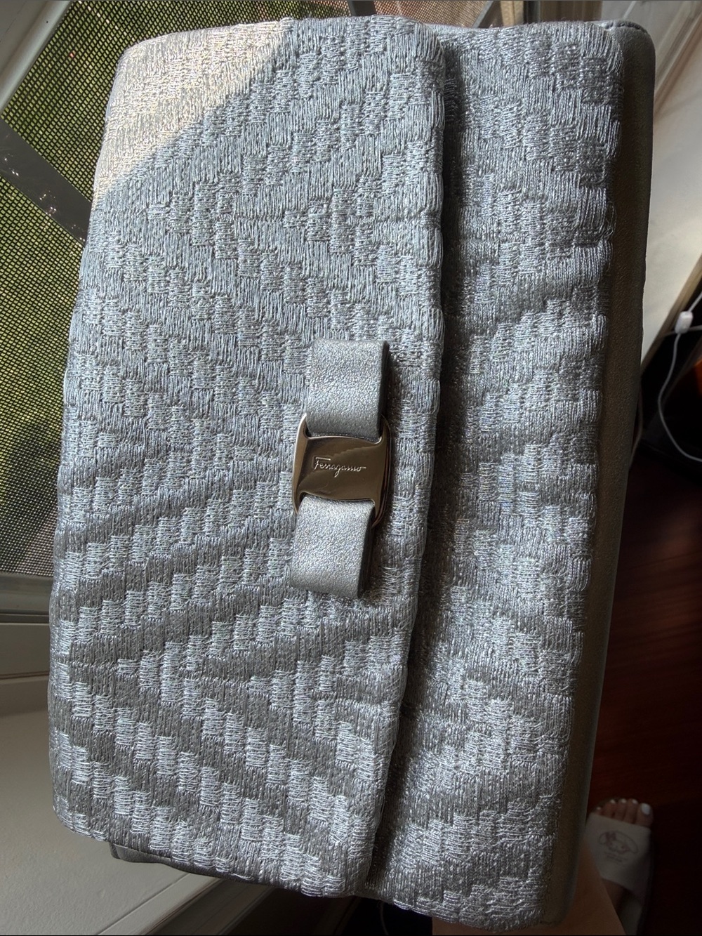Salvatore Ferragamo Metallic Silver Chain-Handle Clutch